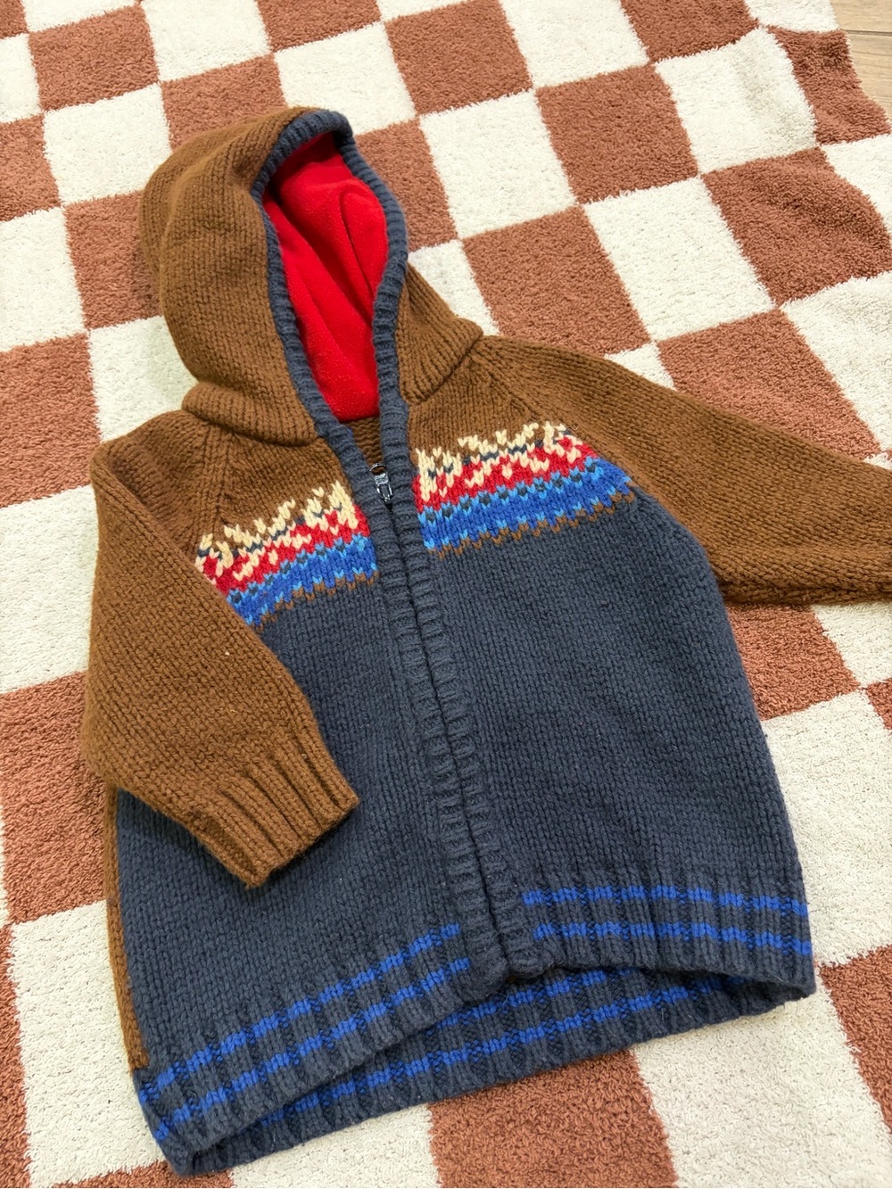 OshKosh B'gosh Brown & Charcoal Hooded Zip Sweater with Red Lining